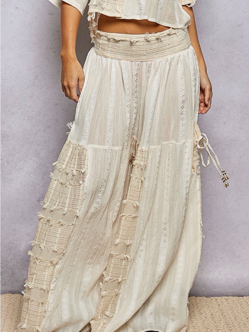 NWT POL PANTS PALAZZO CREAM GAUZE THREADED SMALL - Large Elastic Waist Band